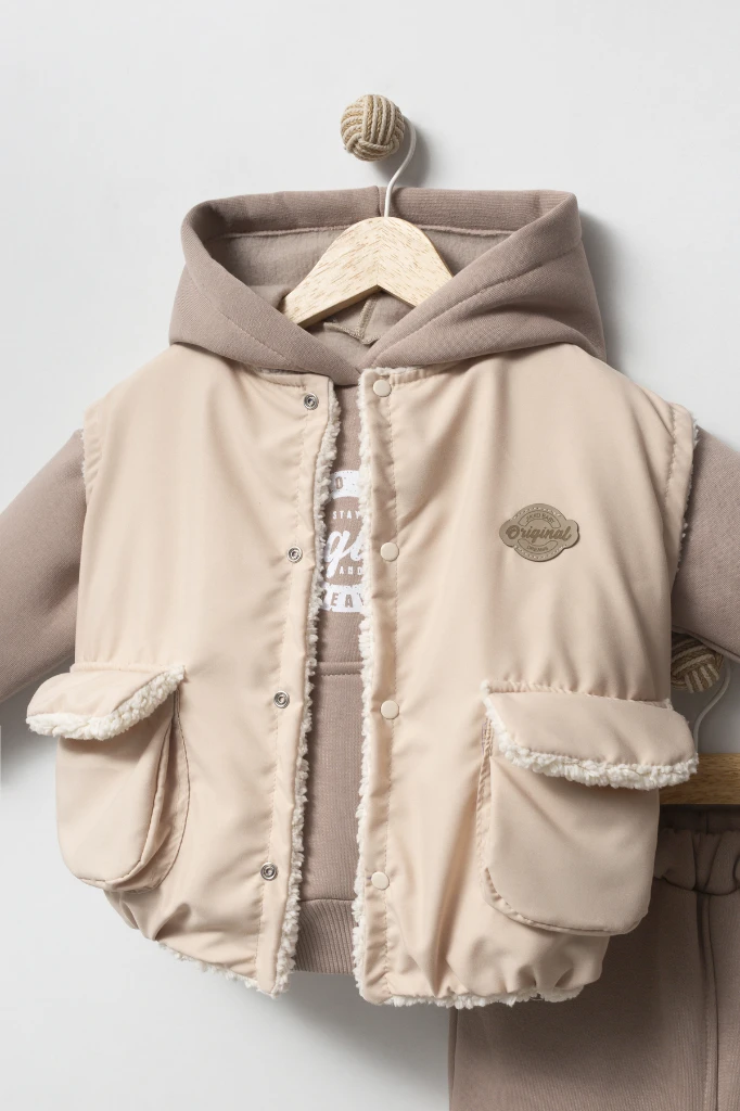 Erkek Bebek Kapüşonlu Yelekli 3’lü Takım