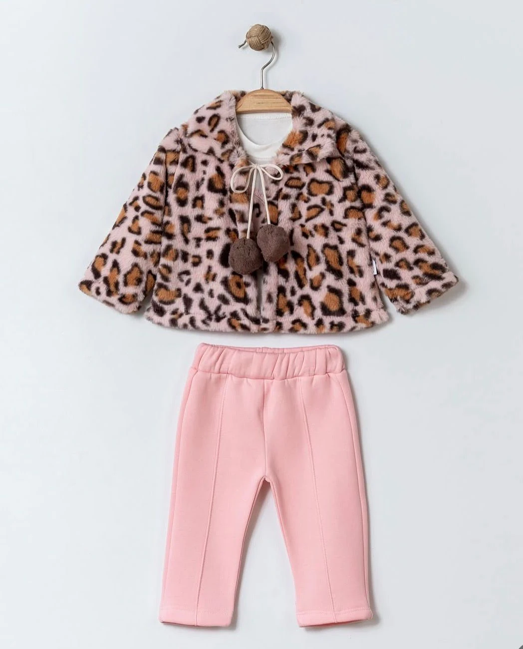 Kız Bebek Leoparlı Peluş Ceketli Üçlü Takım - Pembe