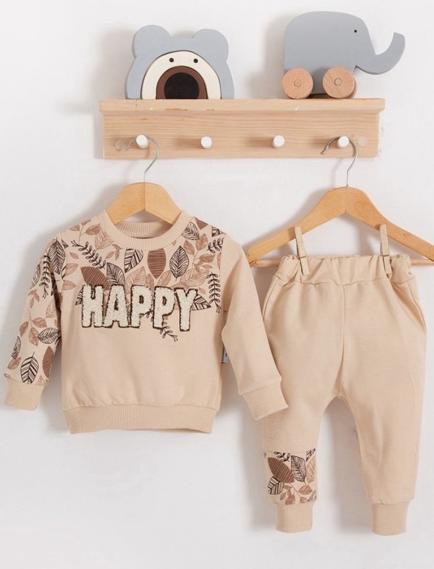 Unisex Bebek Happy İşlemeli Mevsimlik İkili takım - bej