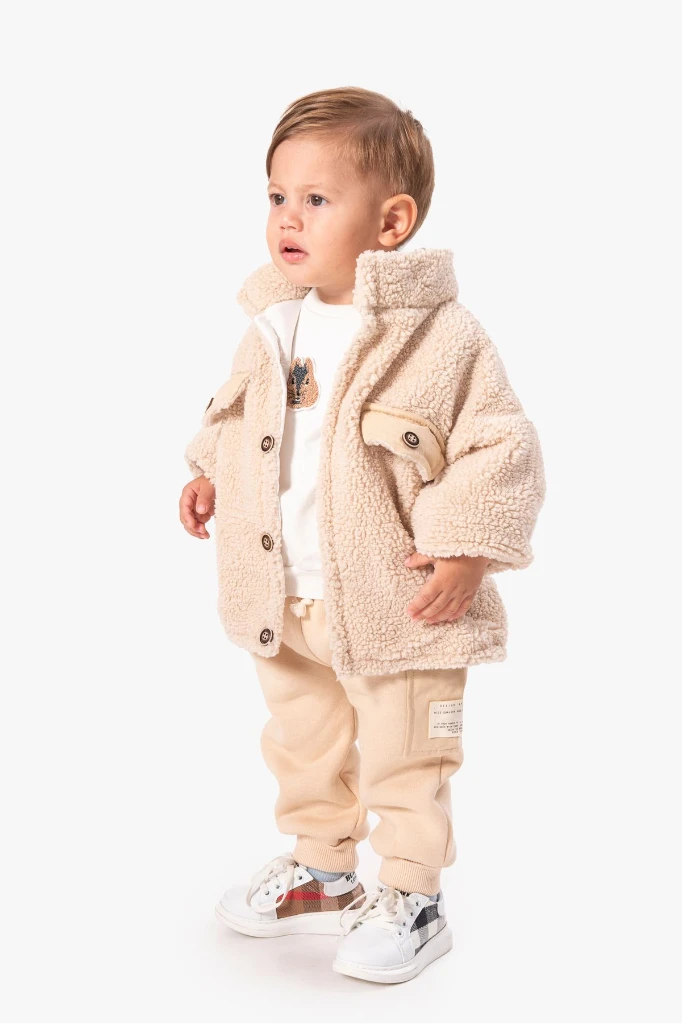 Erkek Bebek Peluş Montlu Tarz Üçlü Takım - bej