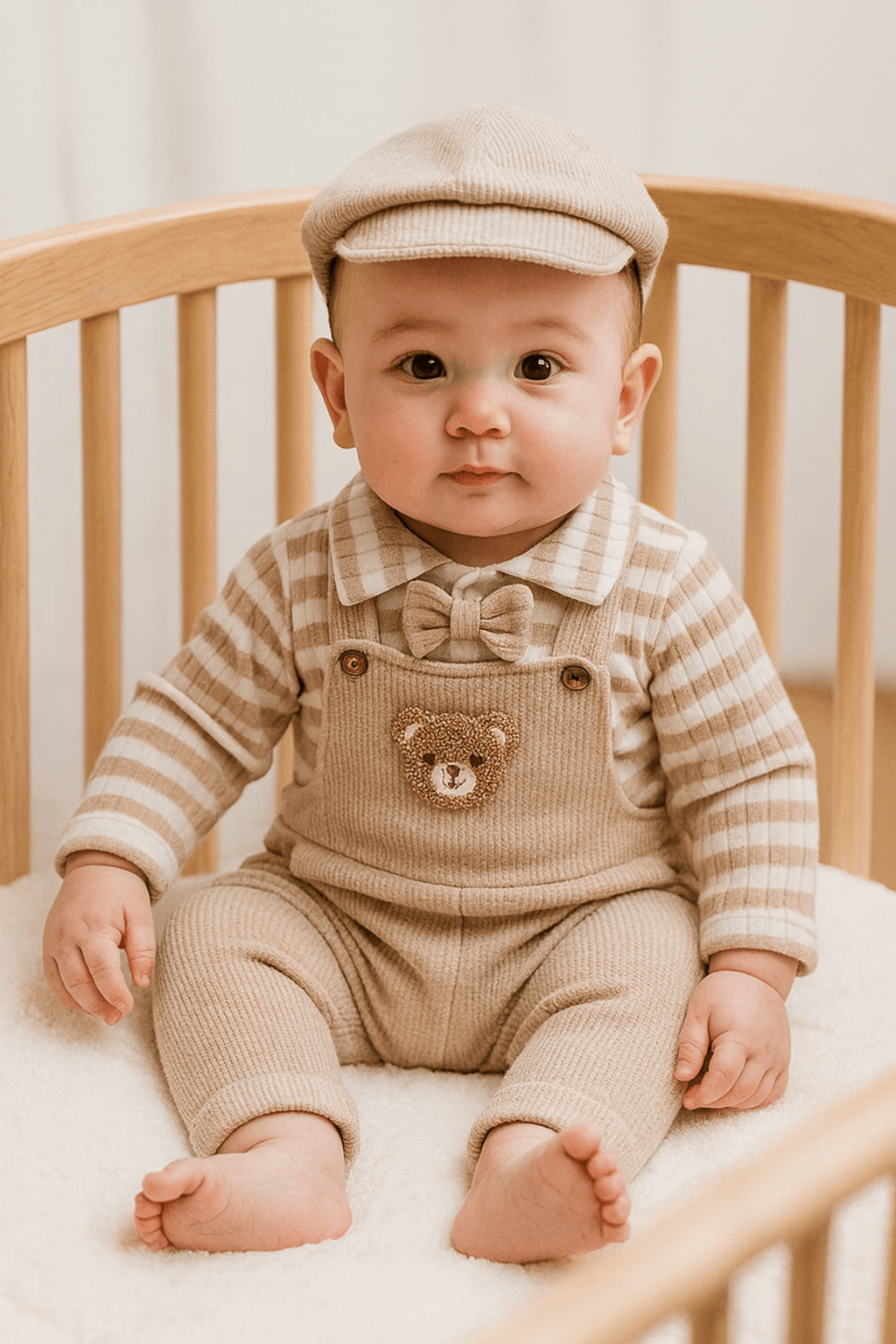 Erkek Bebek Kasketli Üçlü Salopet Üçlü Takım - bej