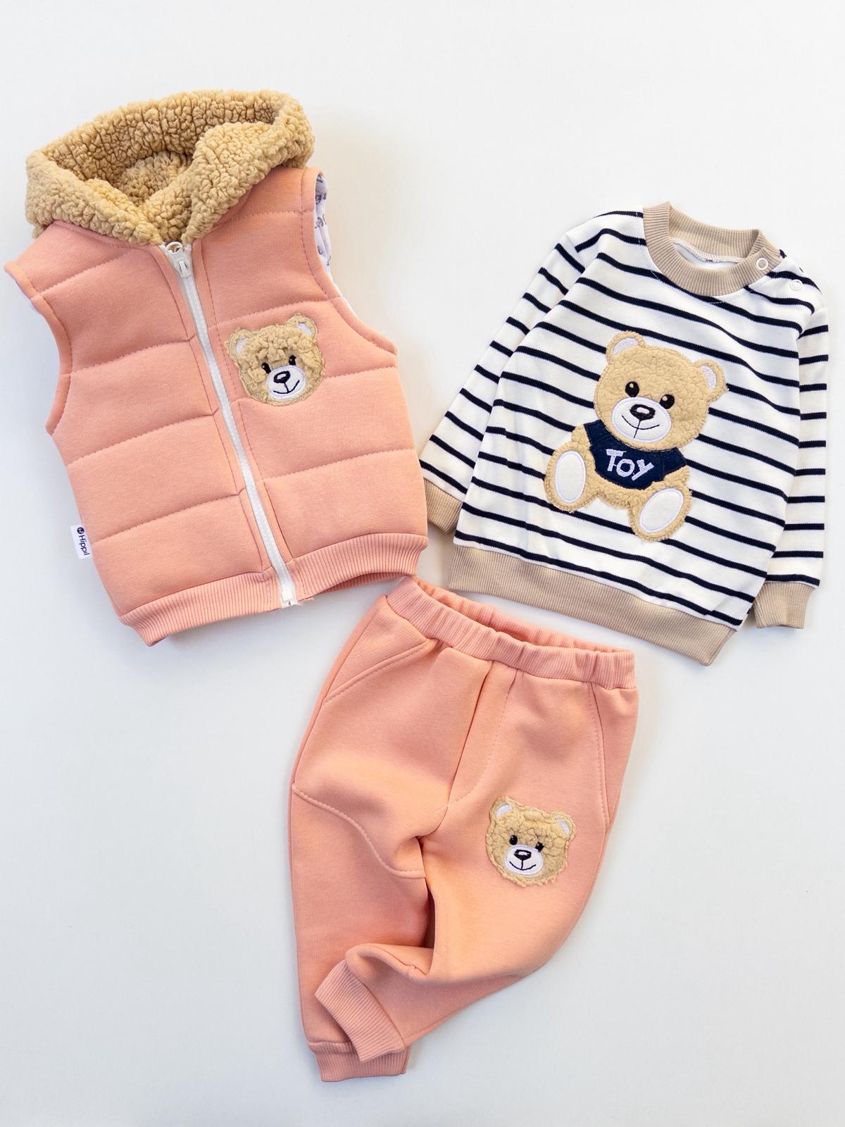 Kız Bebek Ayıcıklı Welsoft Kapüşonlu Üçlü Takım