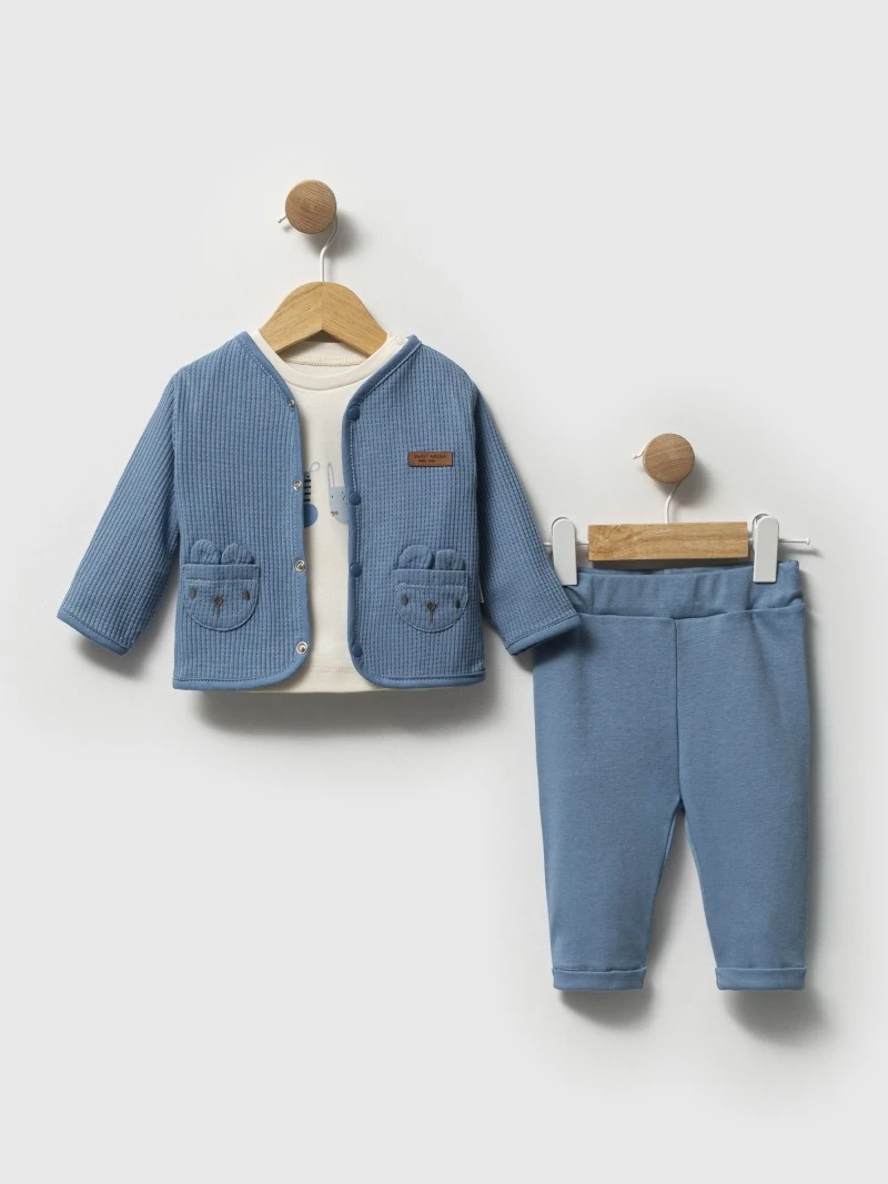 Erkek Bebek Kulaklı Cepli Hırkalı Üçlü Takım