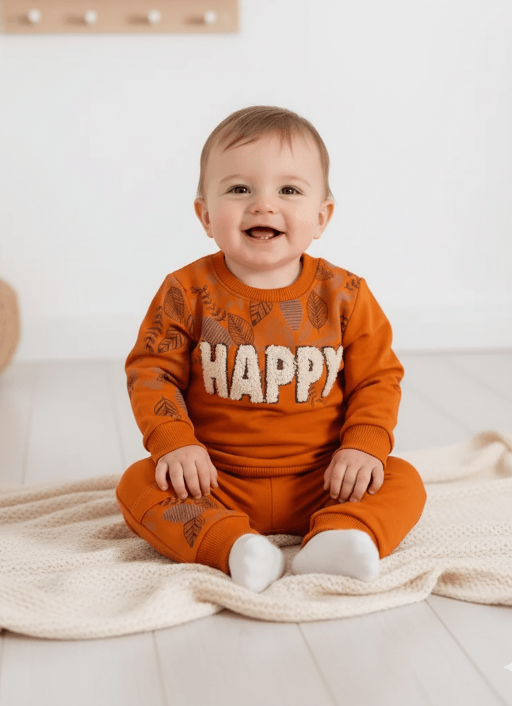 Unisex Bebek Happy İşlemeli Mevsimlik İkili takım - kiremit