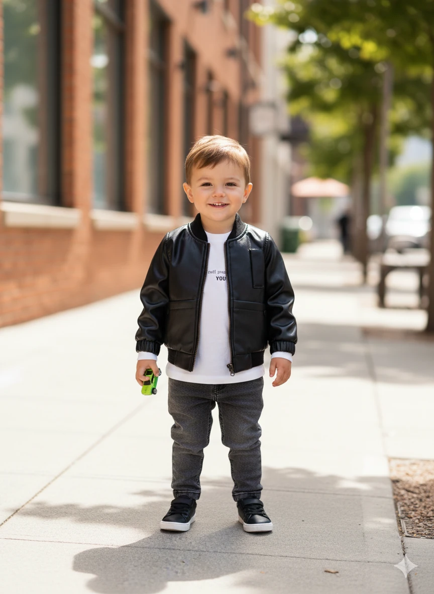 Erkek Bebek Deri Ceketli 3Lü Tarz Takım - Siyah