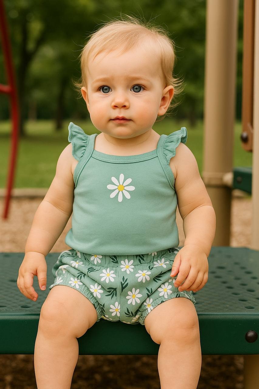 Kız Bebek  Papatyalı Askılı Kollu Şortlu İkili Takım