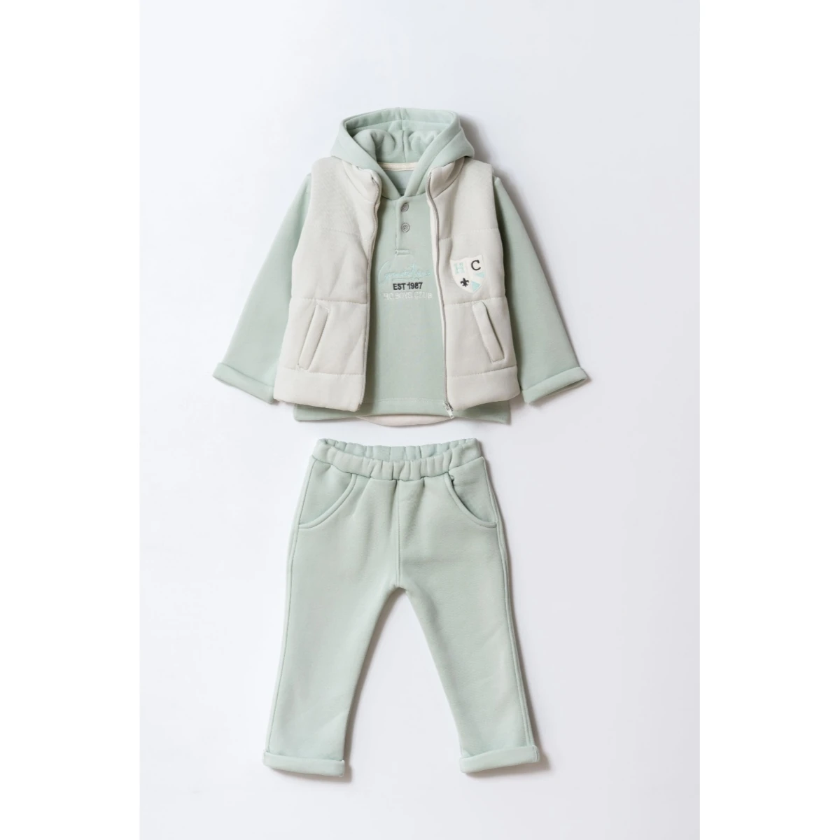 Erkek Çocuk Şardonlu Yelekli Üçlü Takım - mint yeşili
