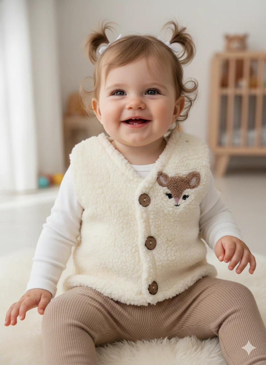 Unisex Bebek Düğmeli Peluş Yelek - bej-2