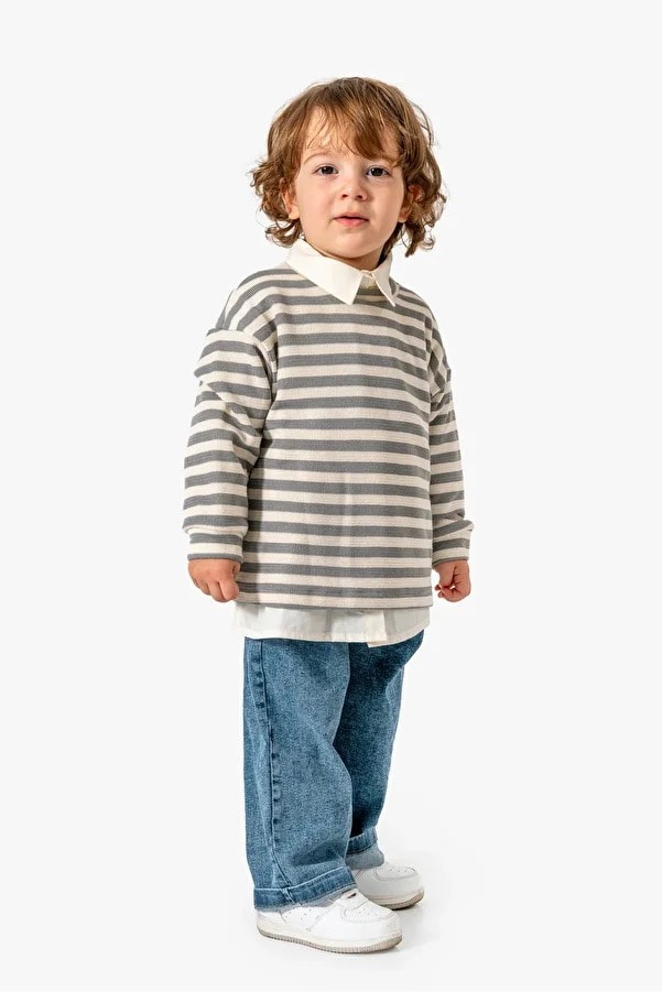 Erkek Bebek Gömlek Sweat Kot Pantolon Üçlü Takım - Gri
