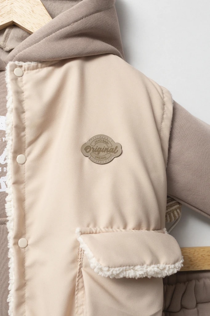 Erkek Bebek Kapüşonlu Yelekli 3’lü Takım