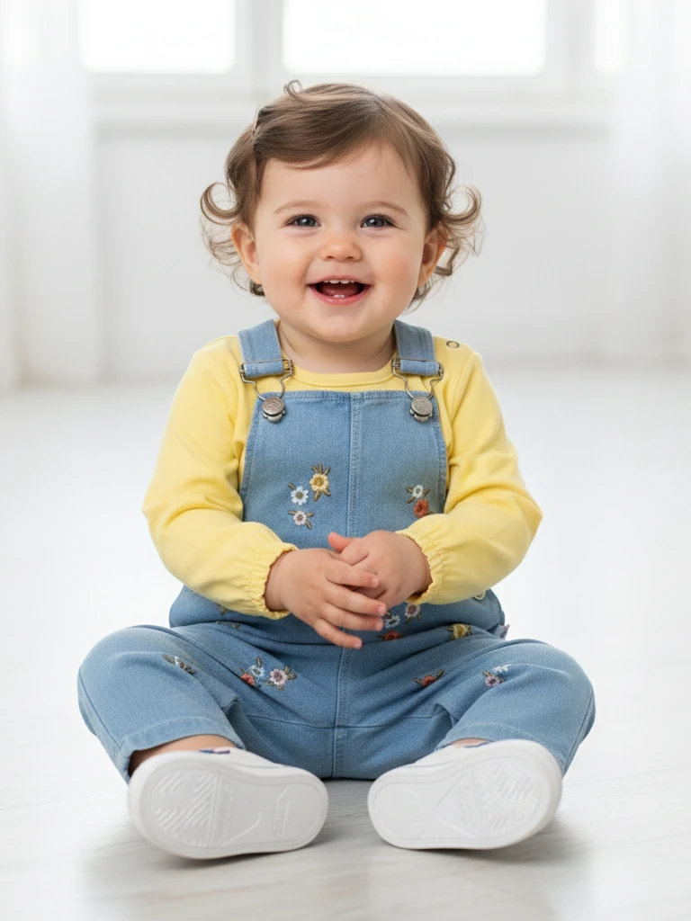 Kız Bebek Çiçek Nakışlı Kot Salopet İkili Takım