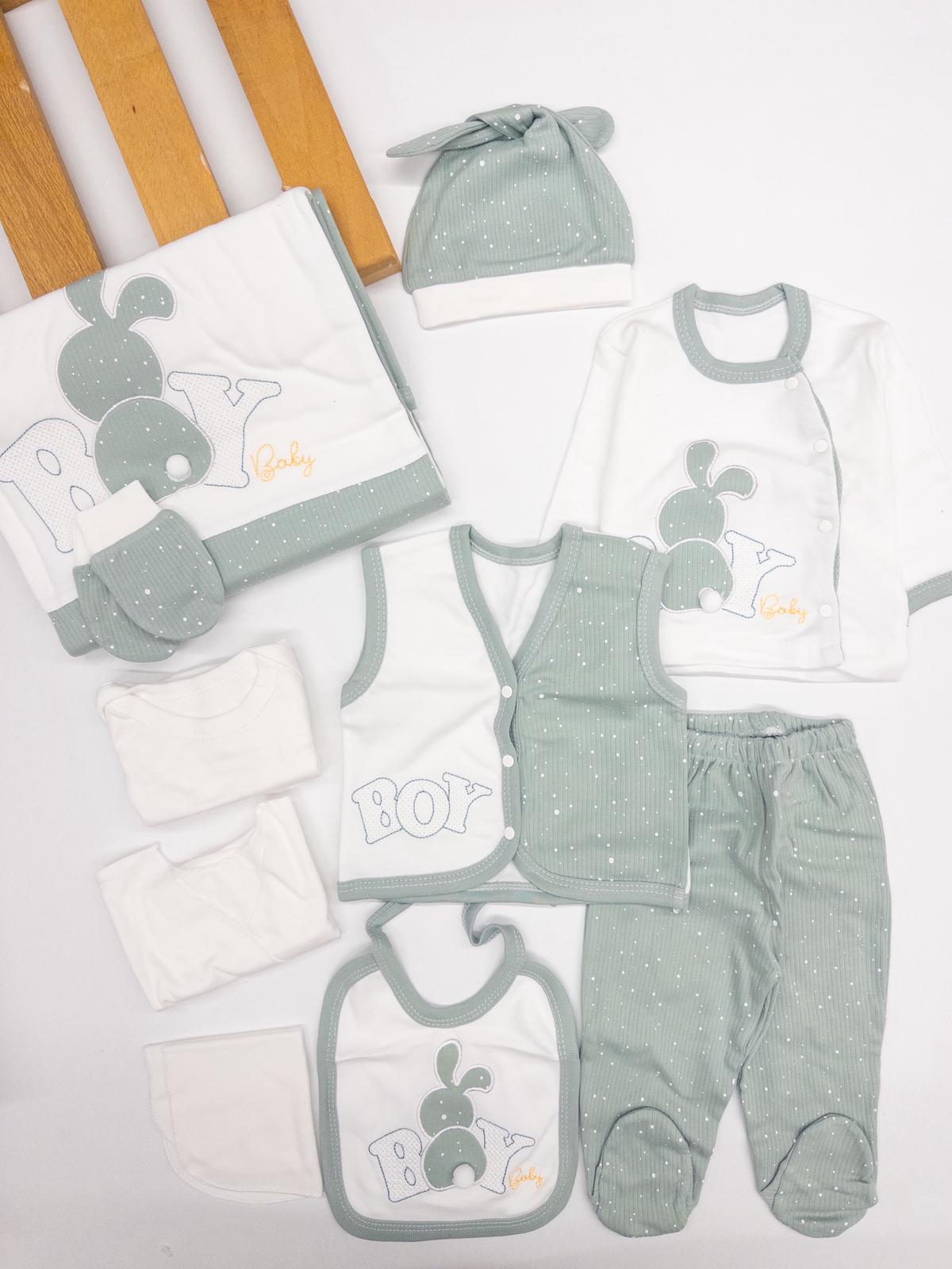 Erkek Bebek Tavşan İşlemeli 10Lu Hastane Çıkışı Set