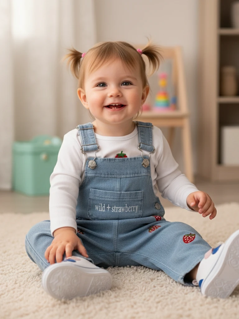 Kız Bebek Çilek Nakışlı Kot Salopet İkili Takım