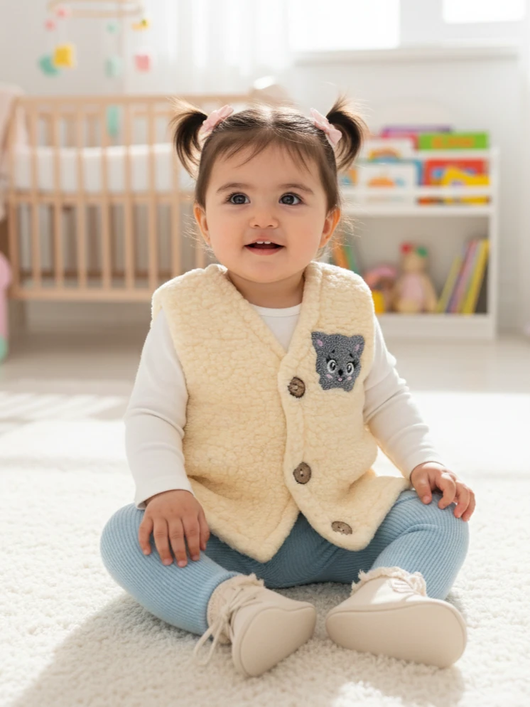 Unisex Bebek Düğmeli Peluş Yelek - Krem