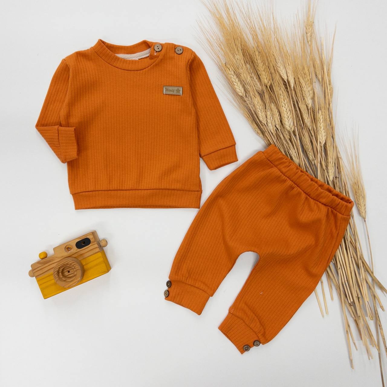 Unisex Bebek Fitilli Esnek İkili Takım - açık kahve