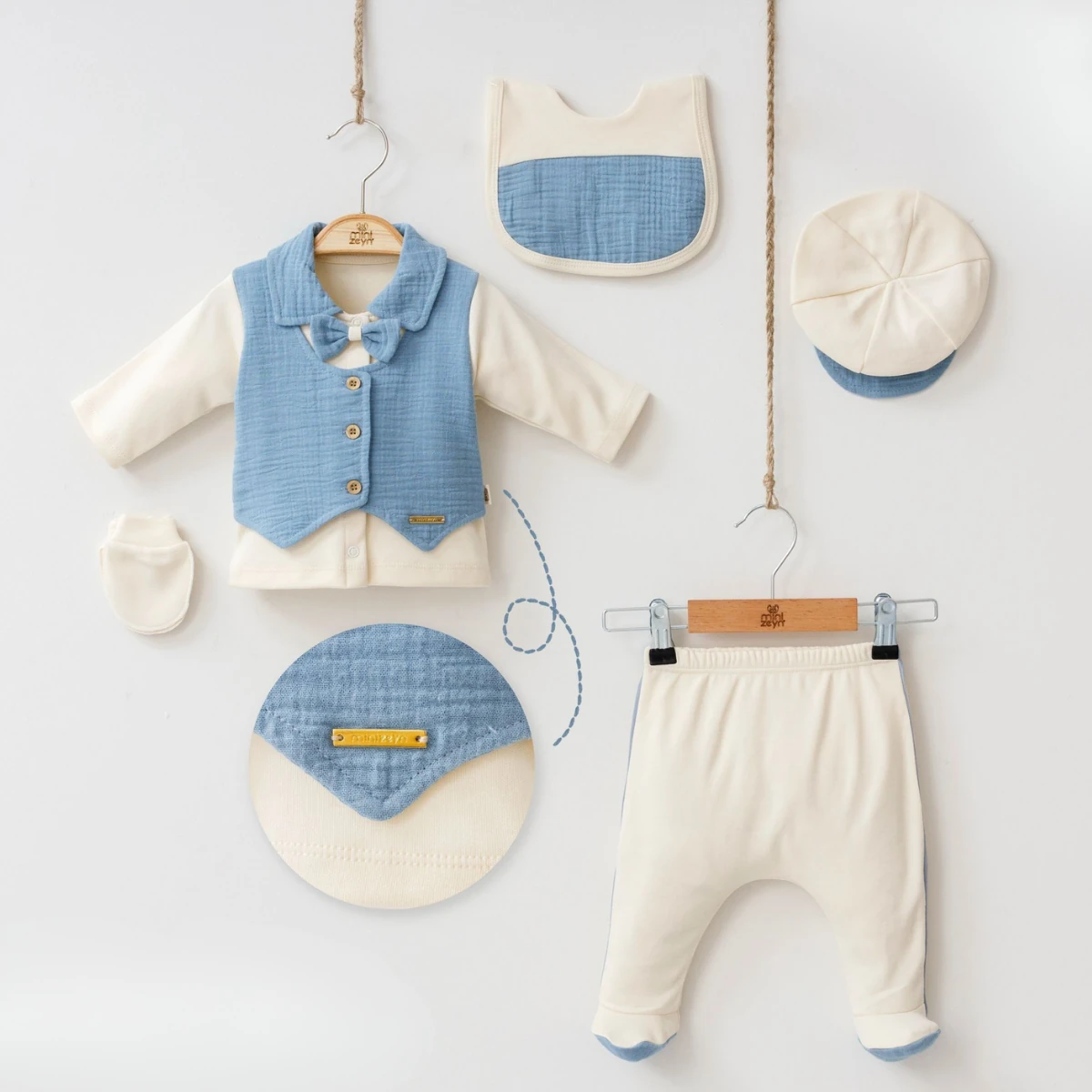 Erkek Bebek Yelek Detaylı 5Li Hastane Çıkışı Set