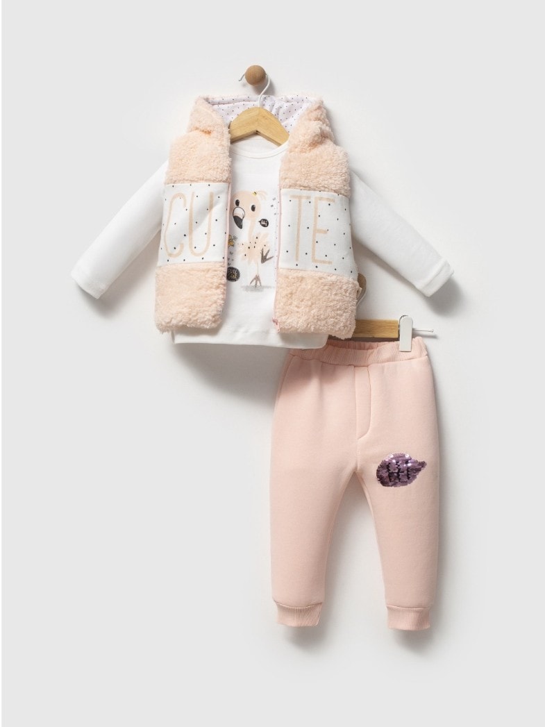 Kız Bebek Welsoft Cute İşlemeli Üçlü Takım - somon