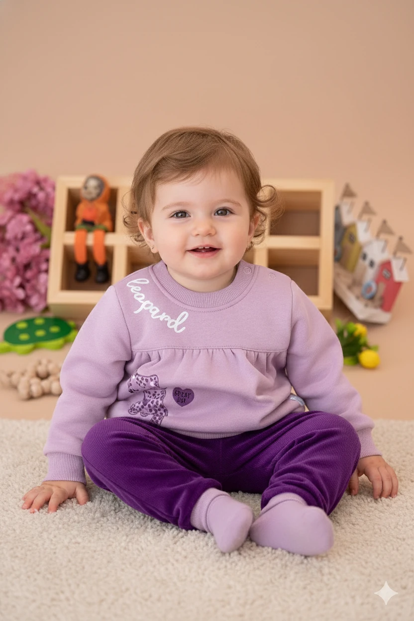 Kız Bebek Kedicik Baskılı Şardonlu 2Li Takım - lila