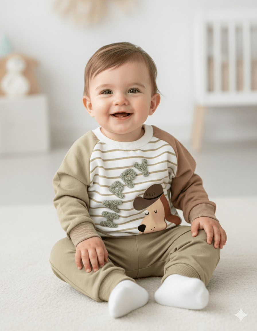 Erkek Bebek Happy İşlemeli Mevsimlik İkili Takım - yeşil