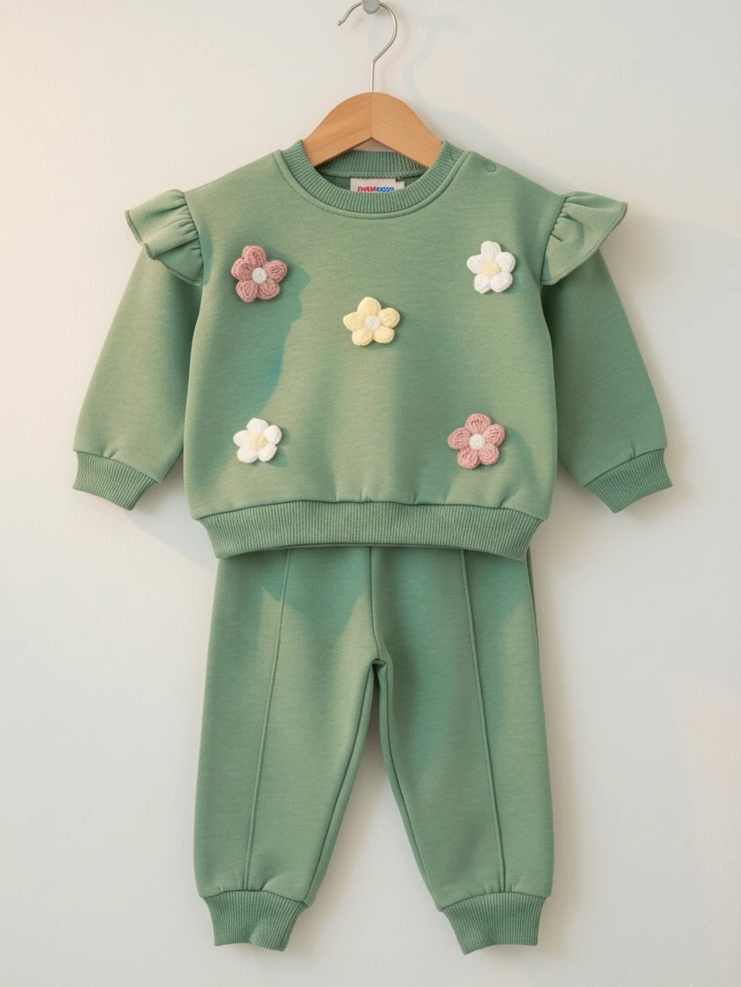 Kız Bebek Papatya İşlemeli Şardonlu İkili Takım - yeşil