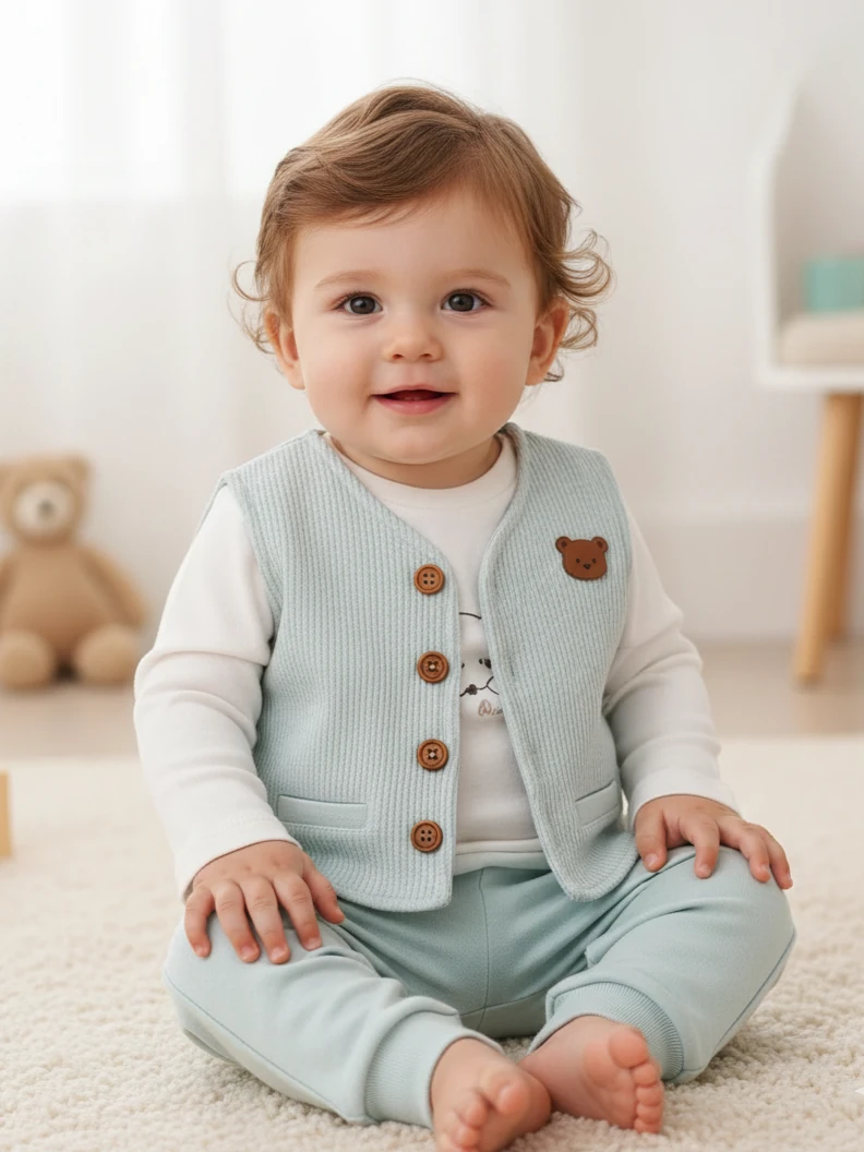 Erkek Bebe Yelekli Armalı Üçlü Takım