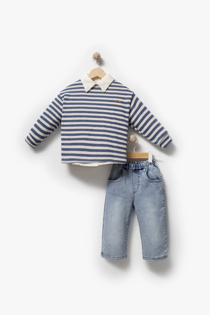 Erkek Bebek Gömlek Sweat Kot Pantolon Üçlü Takım - lacivert
