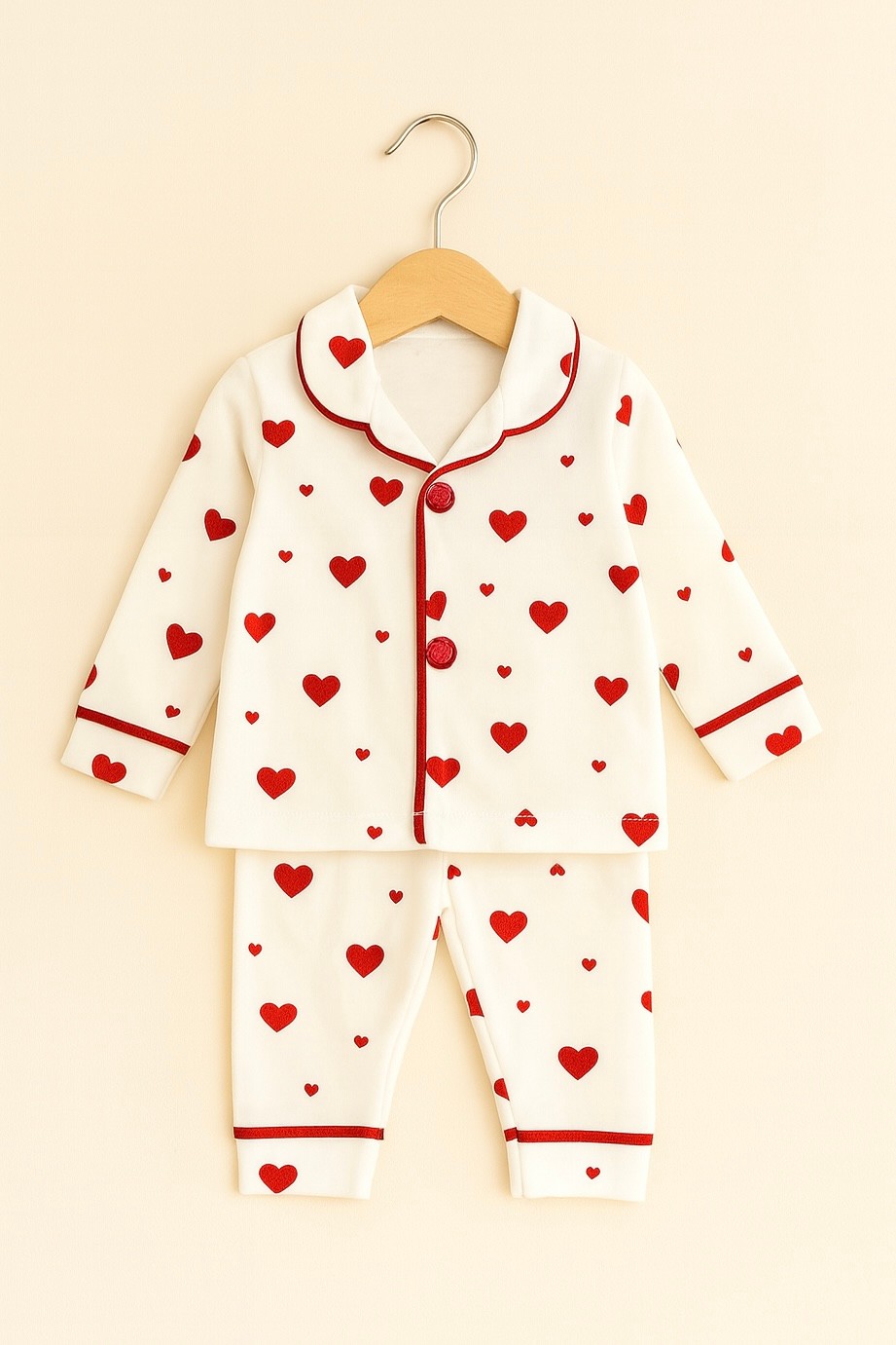 Kız Bebek Kalp Baskılı Düğmeli Pijama İkili Takım