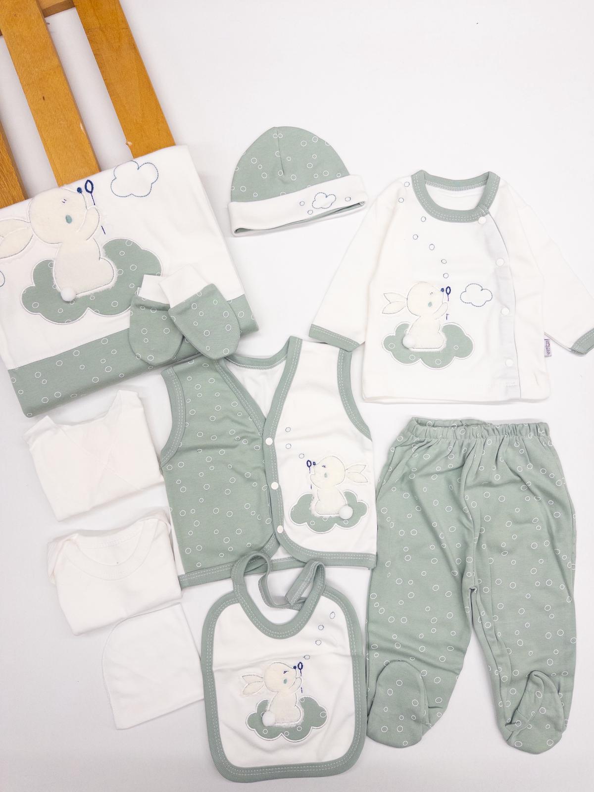 Unisex Bebek Yeşil Renk Tavşanlı 10Lu Hastane Çıkışı Set