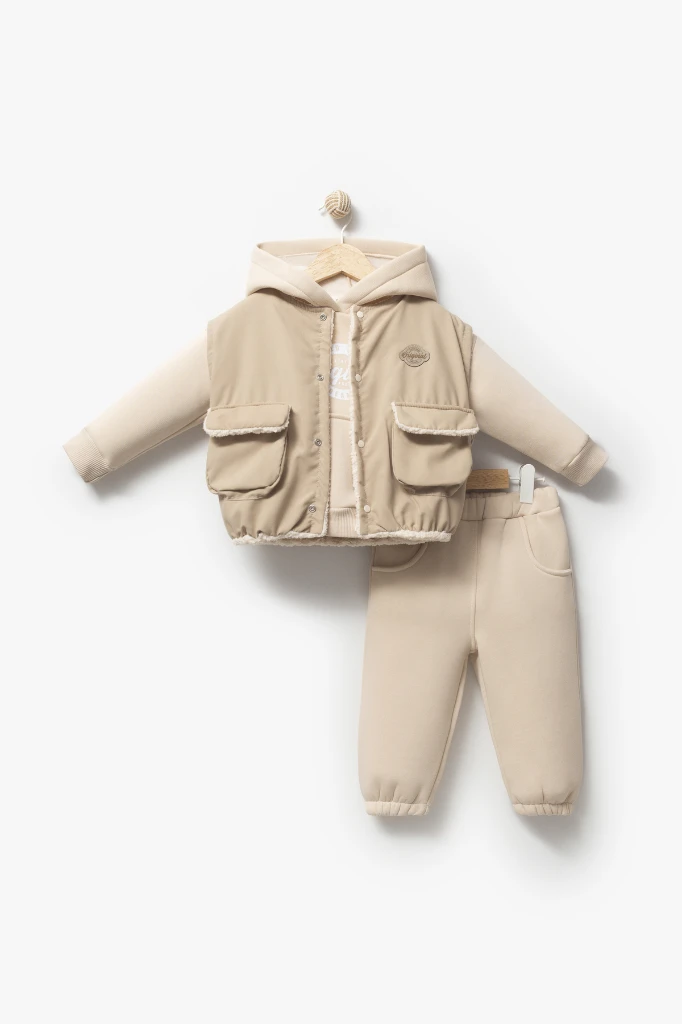 Erkek Bebek Kapüşonlu Yelekli 3’lü Takım - bej