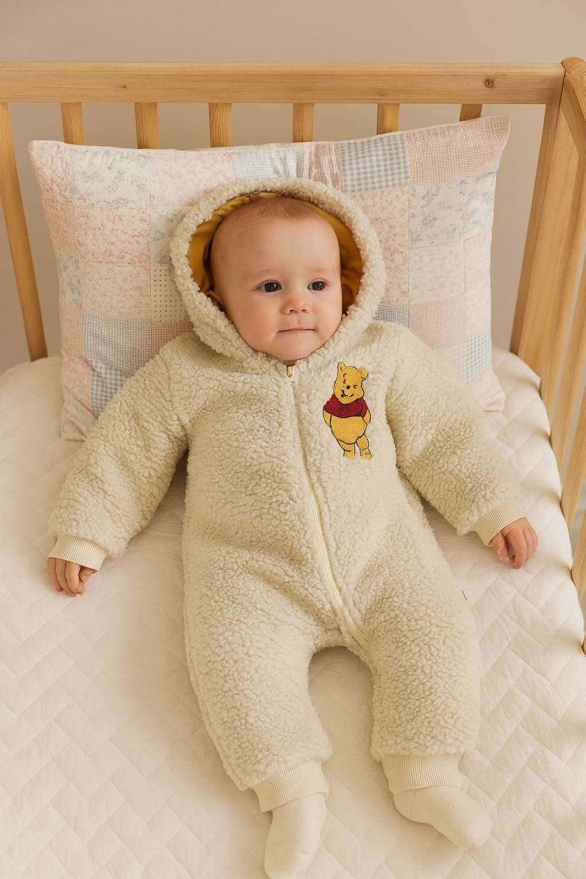 Unisex Bebek Kuzu Kumaş Wini Pooh Kapüşonlu Tulum - bej