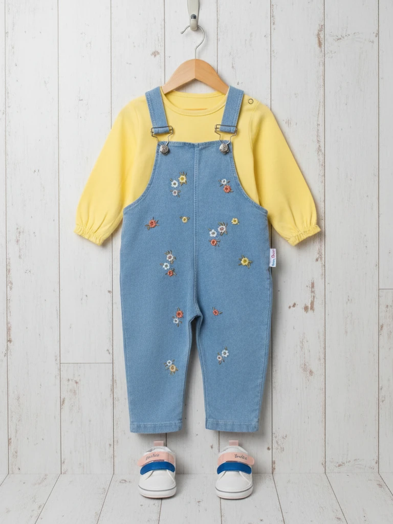 Kız Bebek Çiçek Nakışlı Kot Salopet İkili Takım - Sarı