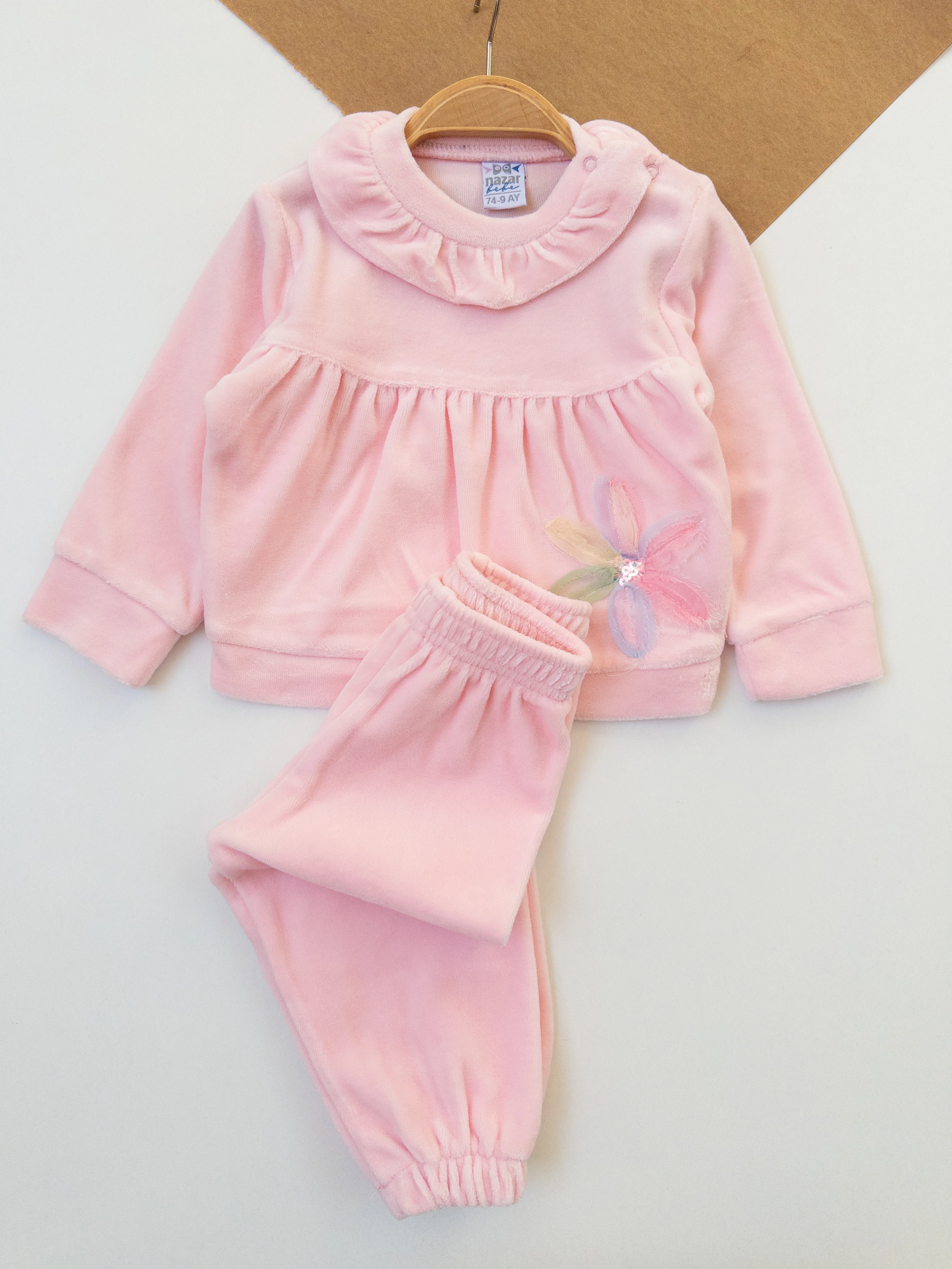 Kız Bebek Yakalı Kadife İkili Takım - Pembe