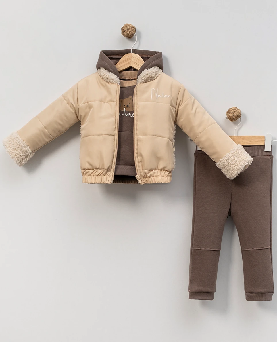 Erkek Bebek Ayıcıklı Montlu Şardonlu Üçlü Takım - Krem