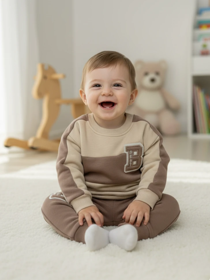 Erkek Bebek B İşlemeli Üç İp Şardonlu İkili Takım - bej