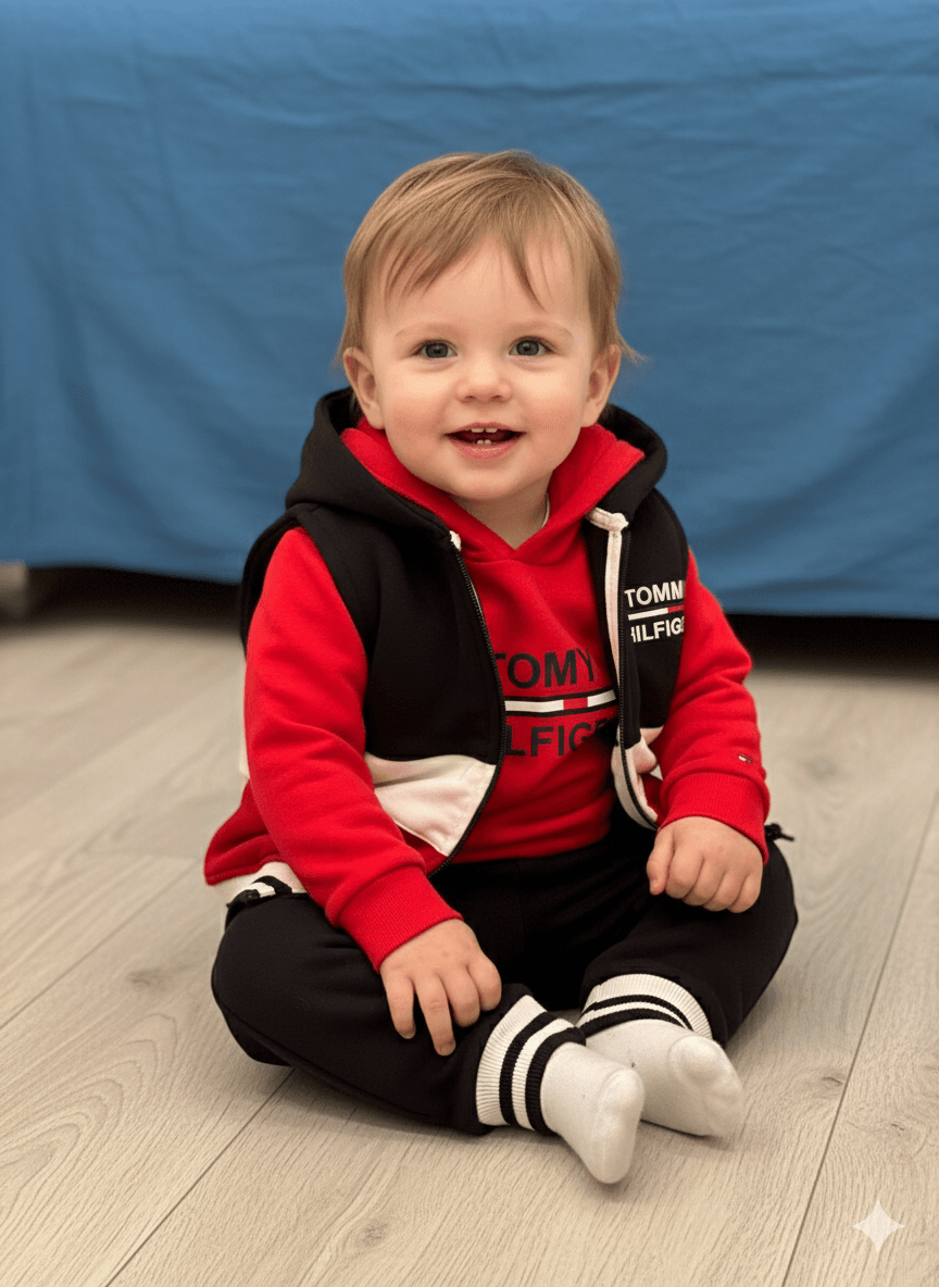 Erkek Bebek Yelekli Kırmızı Renk Üçlü Takım