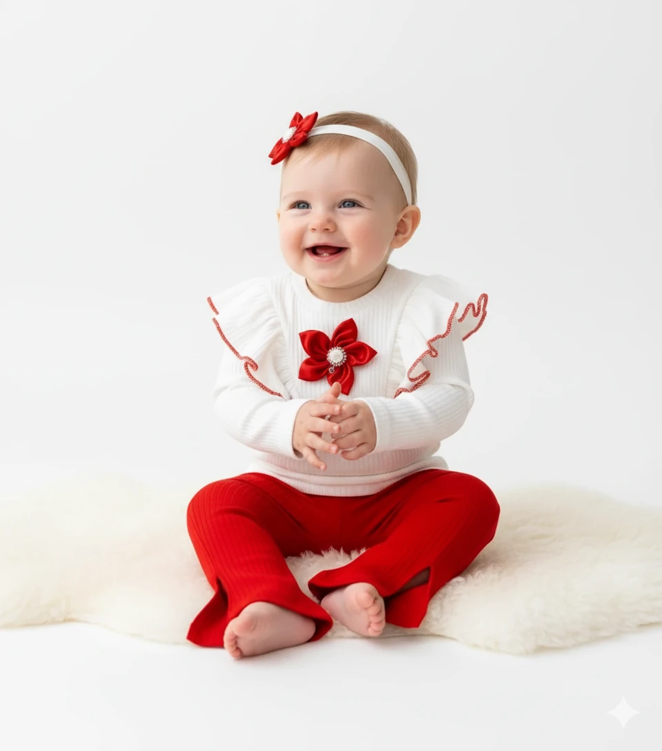 Kız Bebek Saten Çiçekli Fitilli Üçlü Takım