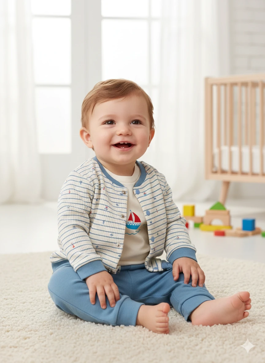 Erkek Bebek Yelken Desenli Hırkalı Üçlü Takım