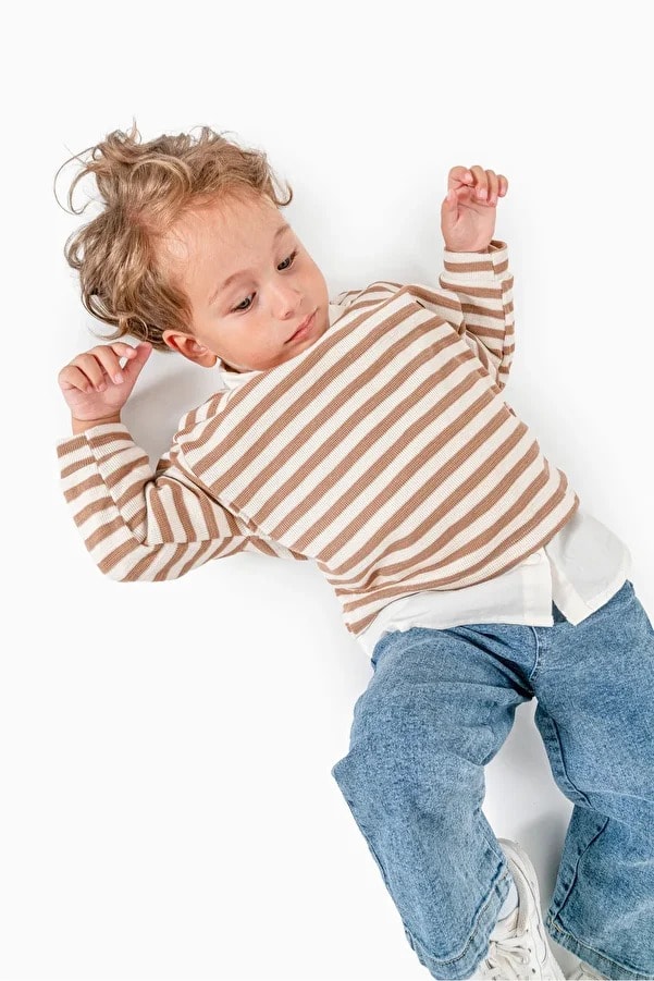 Erkek Bebek Gömlek Sweat Kot Pantolon Üçlü Takım - kahverengi