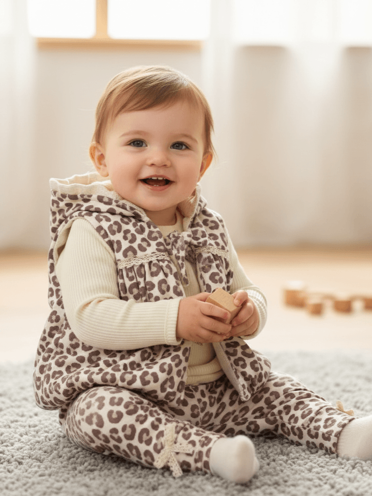 Kız Bebek Leoparlı Yelekli Rahat Üçlü Takım