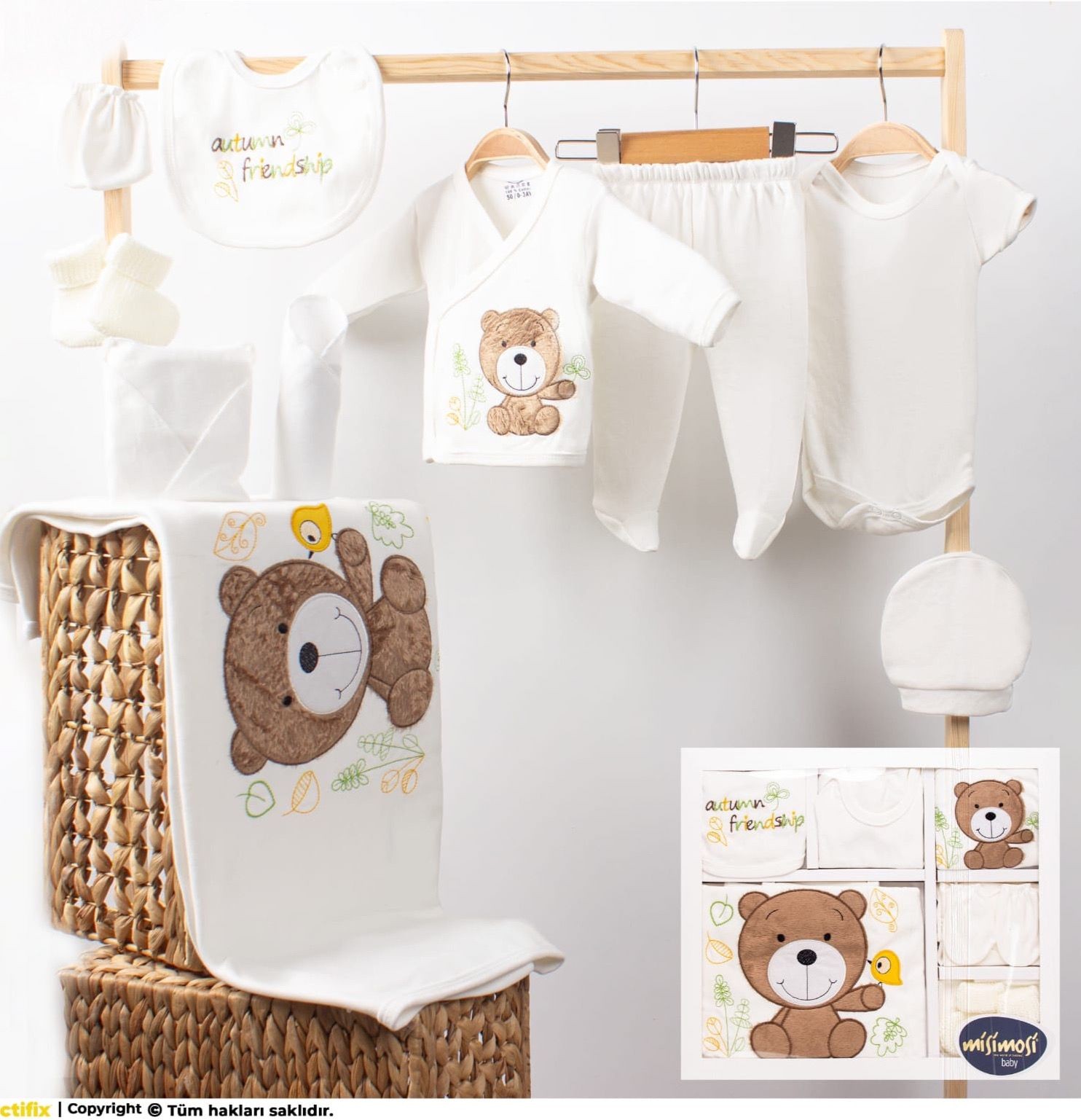 Erkek Bebek Ayıcıklı %100 Pamuk 10Lu Hastane Çıkışı Set