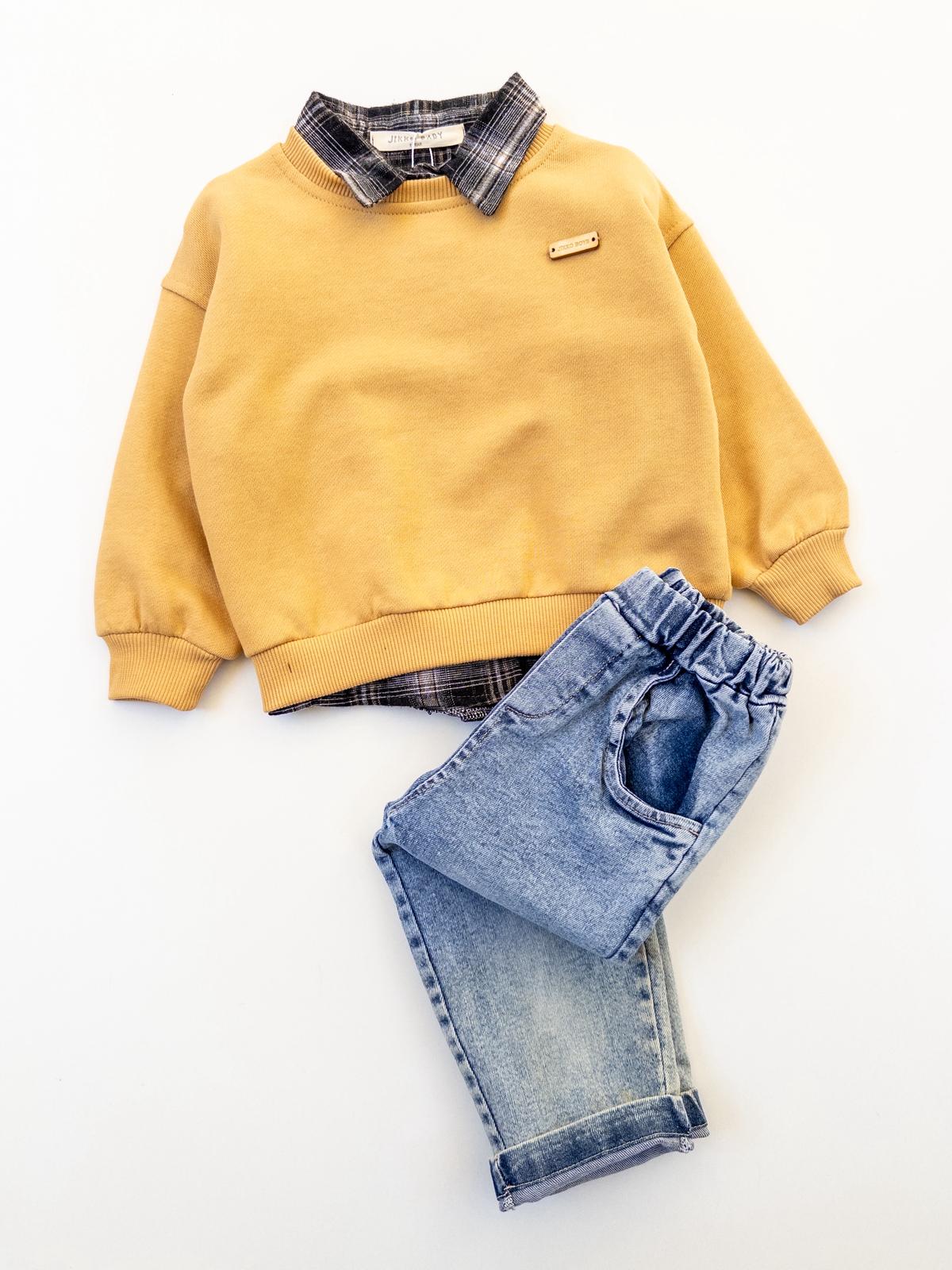 Erkek Bebek Gömlek Sweatshirt ve Kot Pantolon 3'lü Takım  - hardal