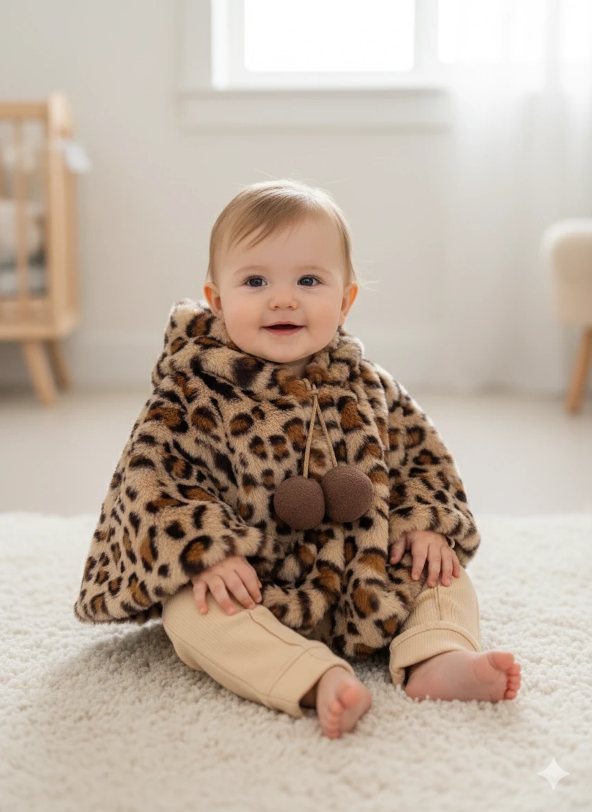 Kız Bebek Leoparlı Badili Üçlü Panço Takım - bej