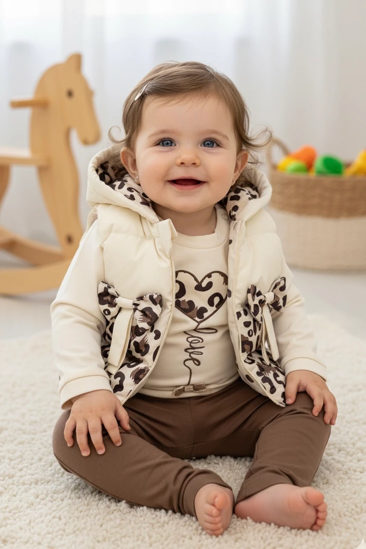 Kız Bebek Leopar Desenli Yelekli Üçlü Takım