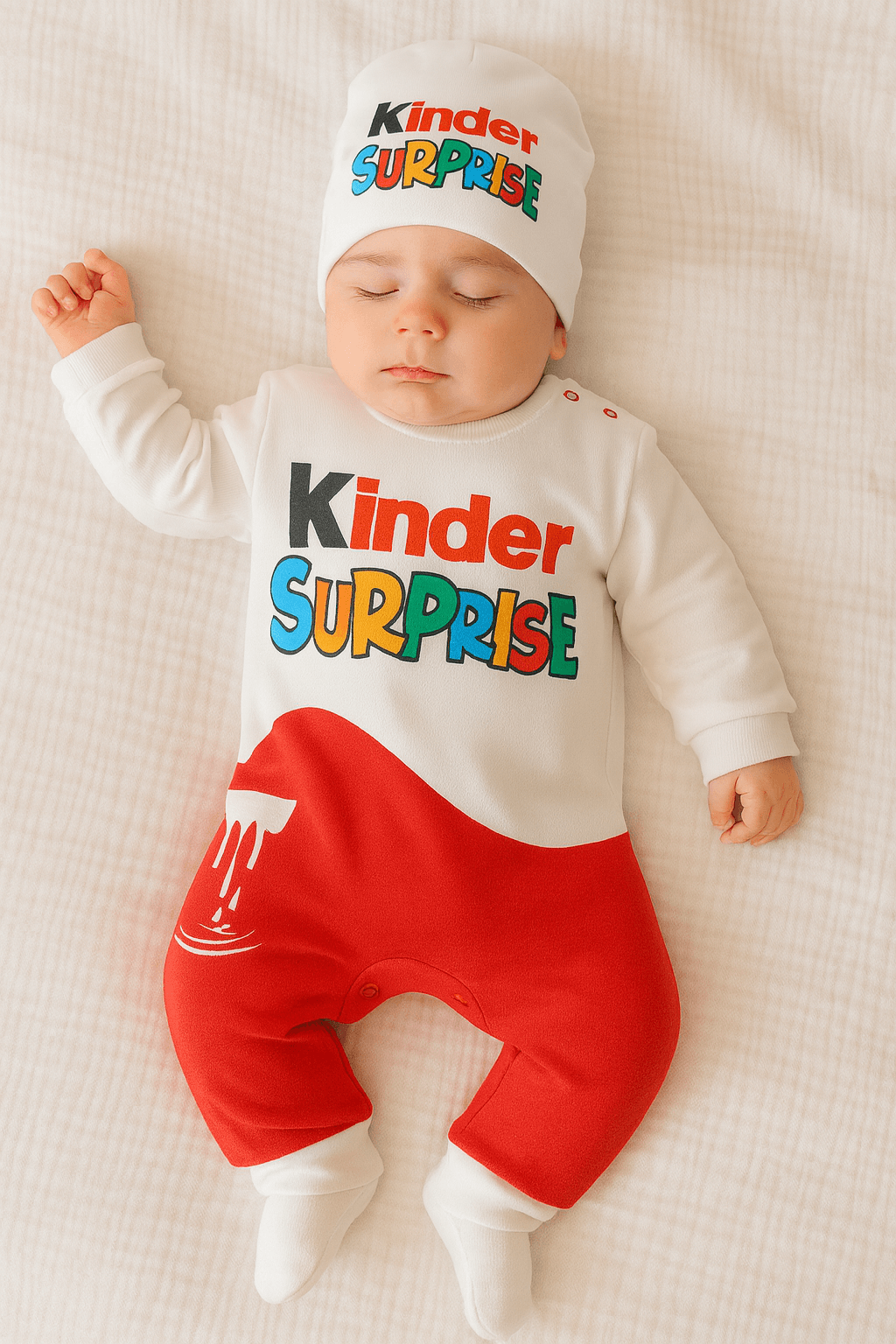Unisex Bebek Kinder Surprise Baskılı Şapkalı Tulum