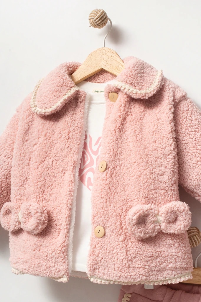 Kız Bebek Peluş Ceketli Üçlü Takım