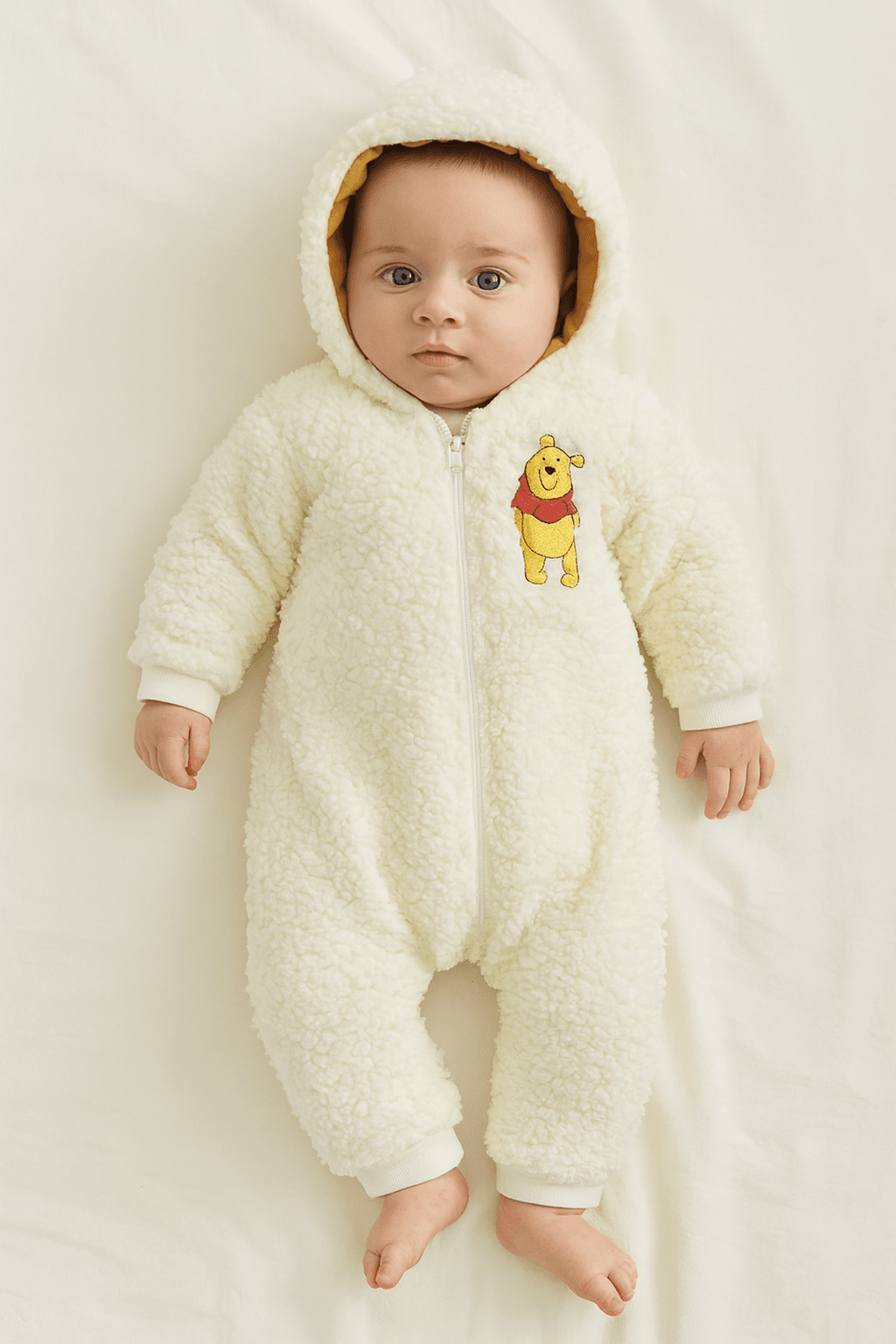 Unisex Bebek Kuzu Kumaş Wini Pooh Kapüşonlu Tulum - ekru