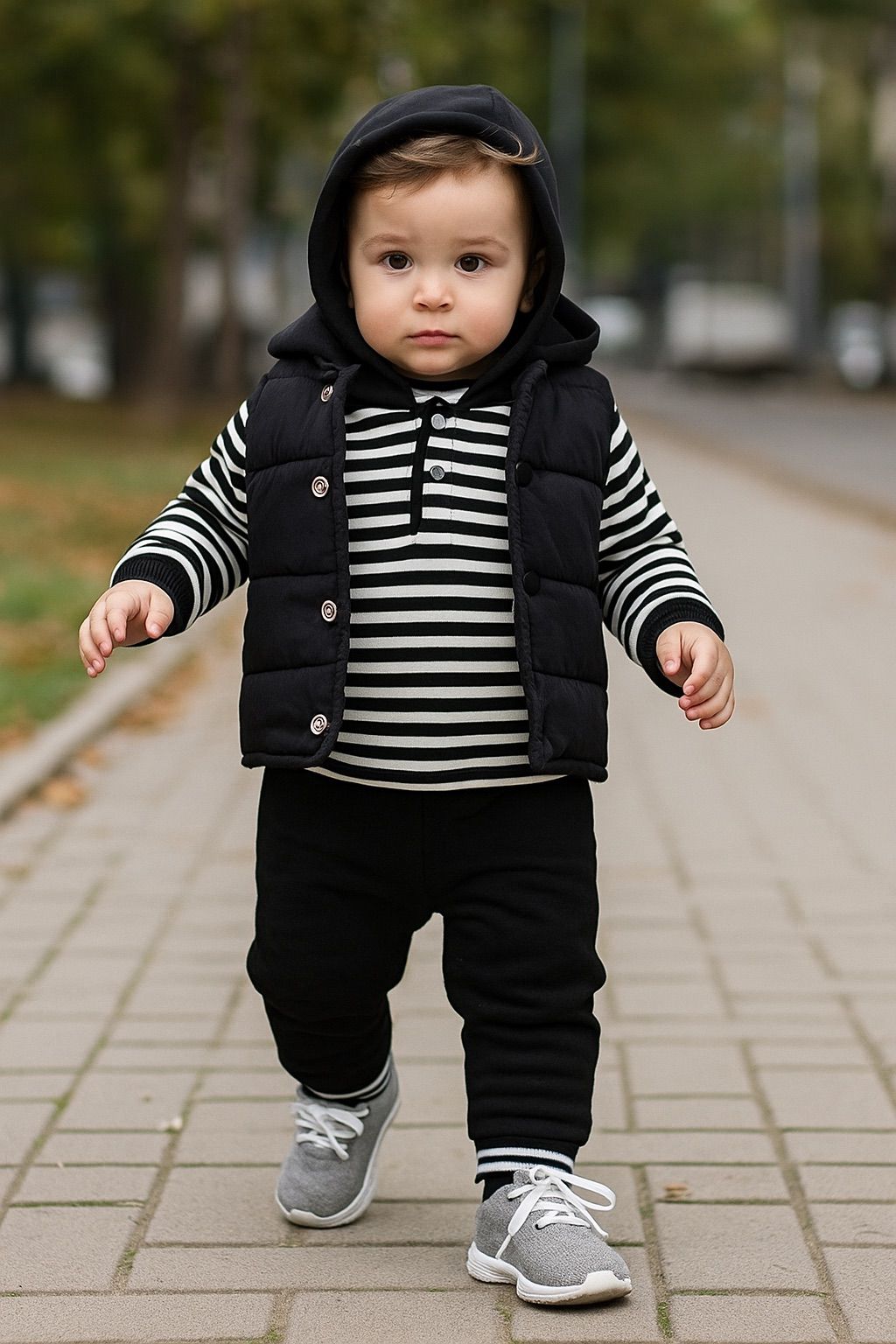 Erkek Bebek Yelekli Kapüşonlu Üçlü Takım
