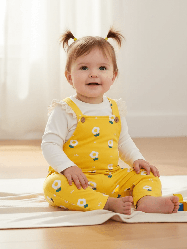 Kız Bebek Papatya Baskılı Dantel Detaylı İkili Takım - Sarı