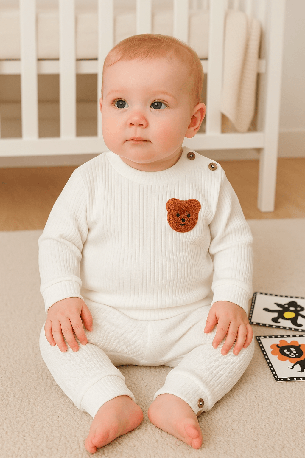 Unisex Bebek Fitilli Ayıcıklı İkili Takım - beyaz