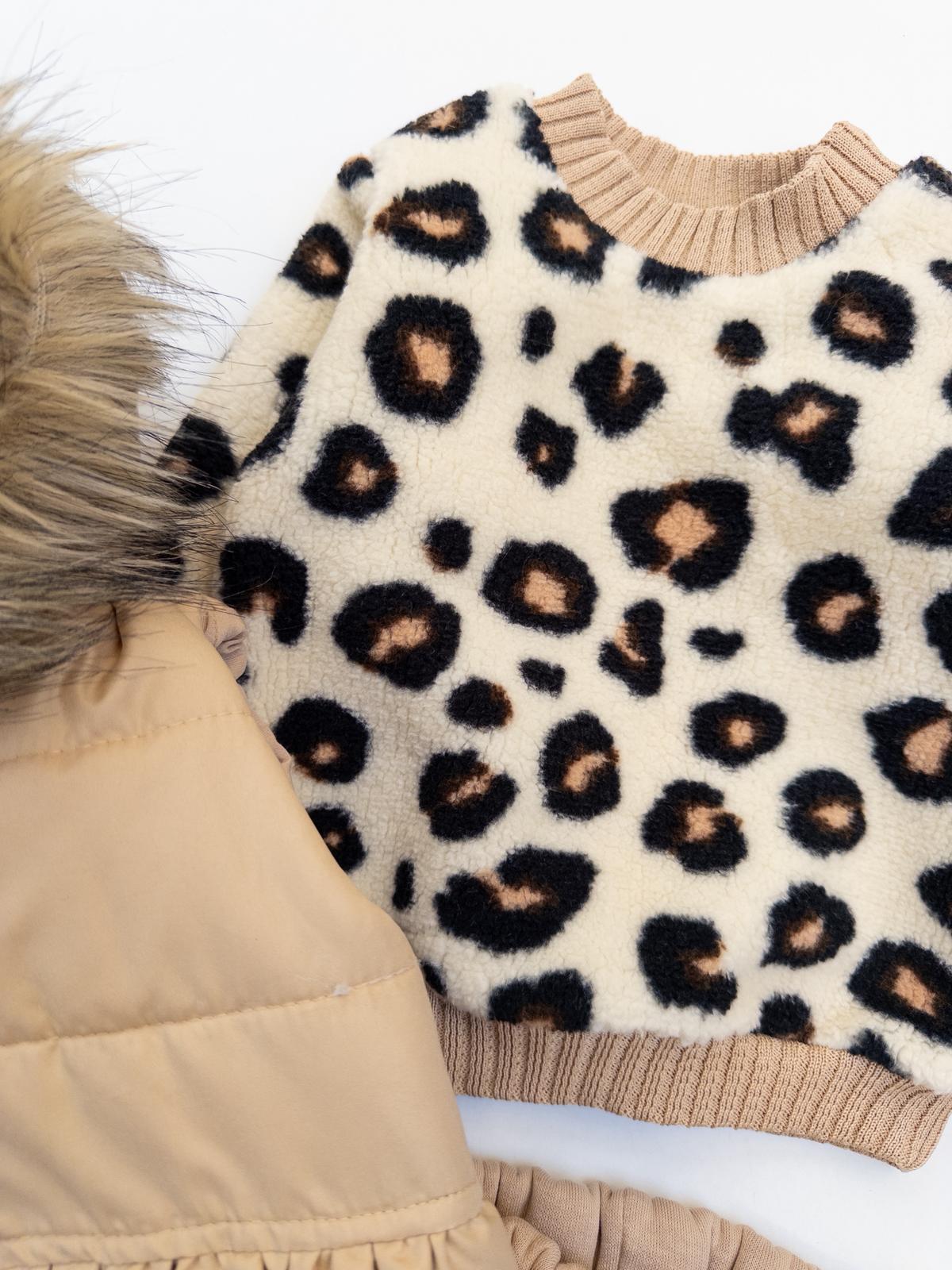 Kız Bebek Kürklü LeoparKazaklı Yelekli Üçlü Takım
